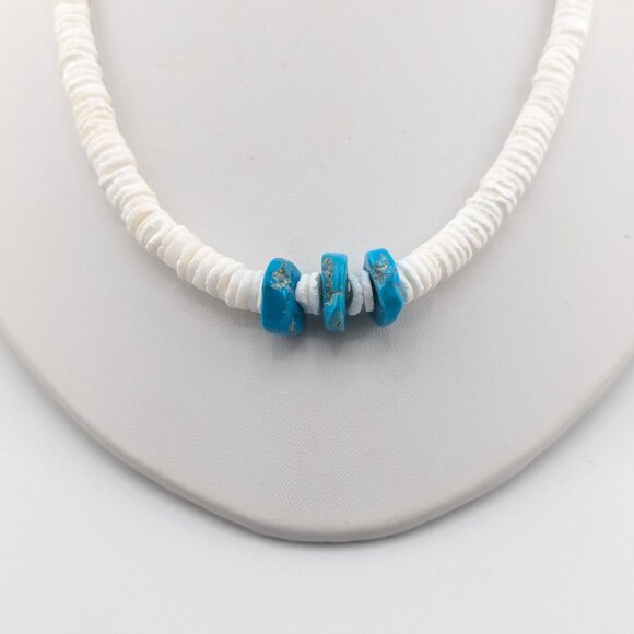 Navajo Graduated White Shell with Kingman Turquoise Beaded Necklace NA Jewelry * - Picture 10 of 11